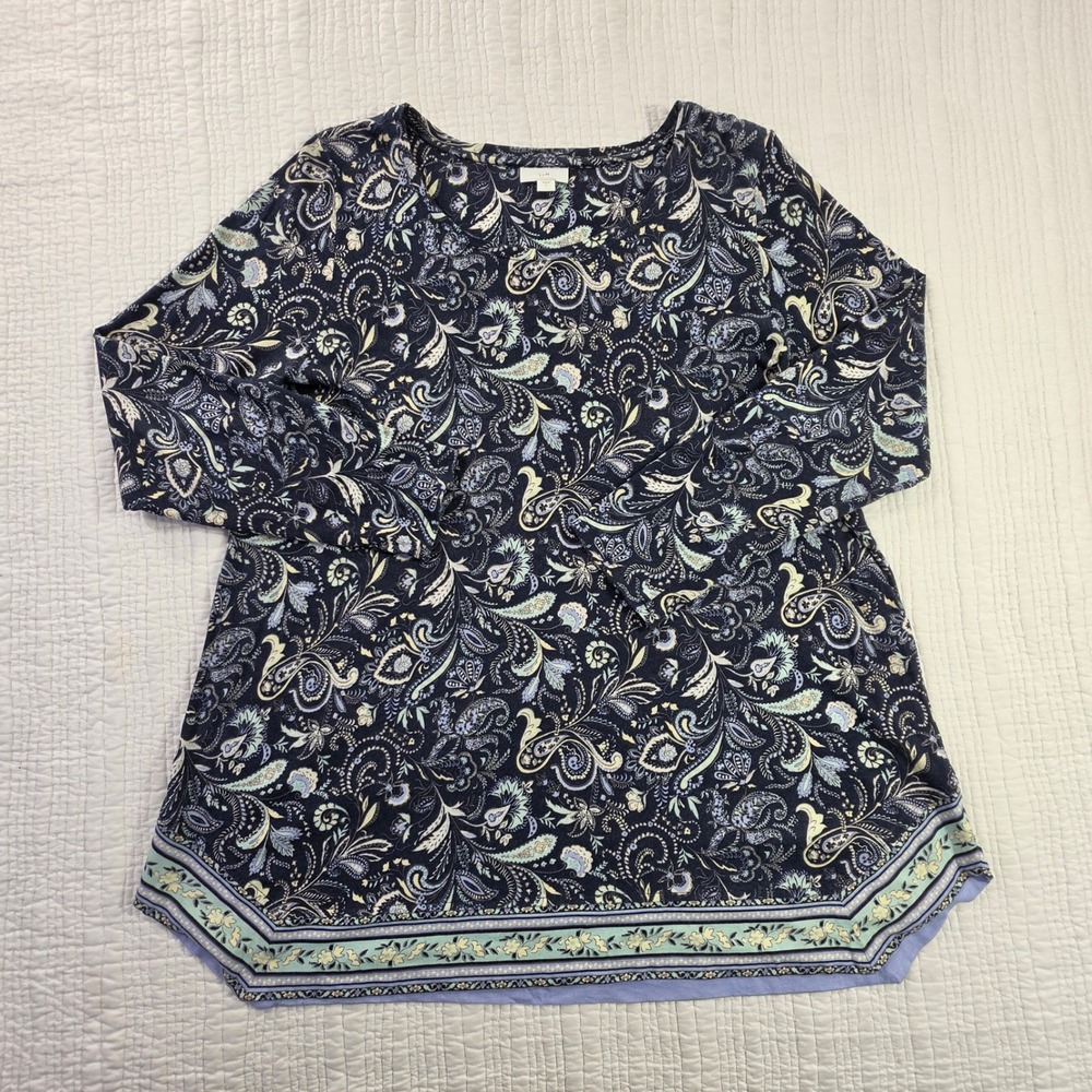 J. Jill Navy Blue Paisley Print Cotton Modal Long Sleeve Tunic Top EUC Womens L